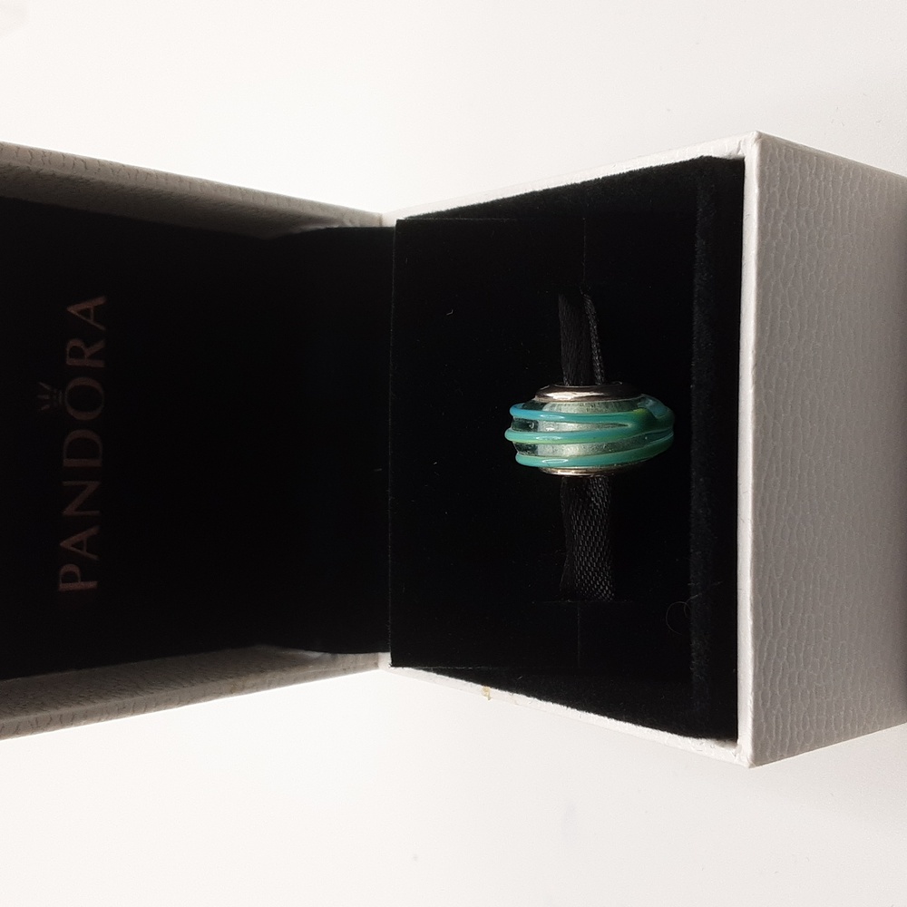 Authentic Pandora Clear Teal Murano Glass Ribbon Charm - EUC